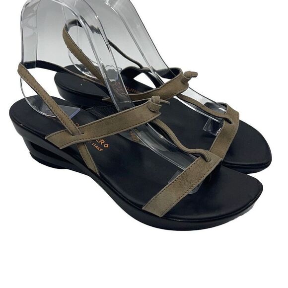 Donald J. Pliner Women Wedge Sandals Suede Stretchy Strap Taupe Heels Size 7.5 - Picture 1 of 15